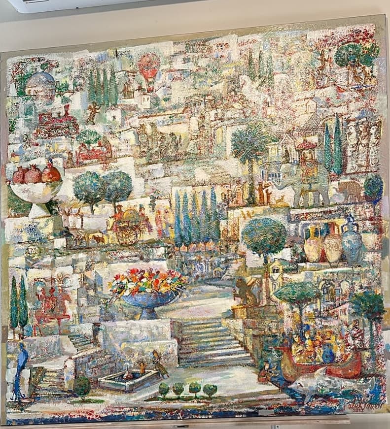 Blossoming City — Oil on canvas, 160 × 160 cm (2025). Abel Karen Kazinyan.