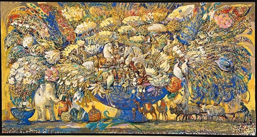 Blossoming World — Oil on canvas, 80 × 150 cm (2025). Abel Karen Kazinyan.