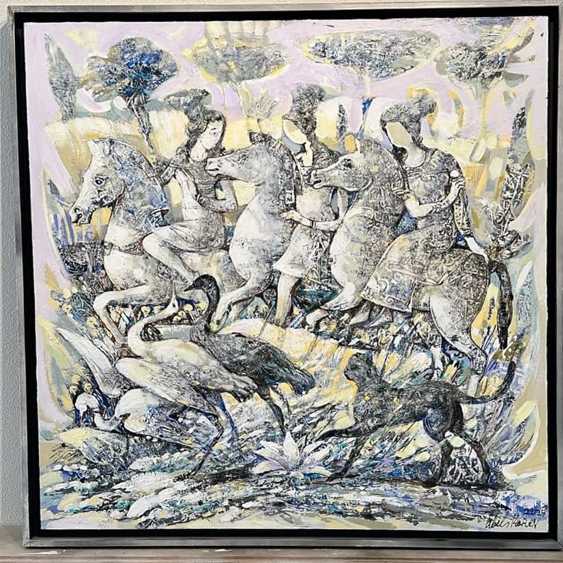 Cranes — Oil on canvas, 90 × 90 cm (2024). Abel Karen Kazinyan.